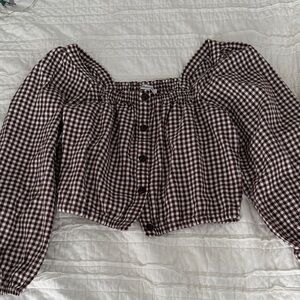Madewell Brown and White Gingham Flannel Square Neck Button-Front Crop Top